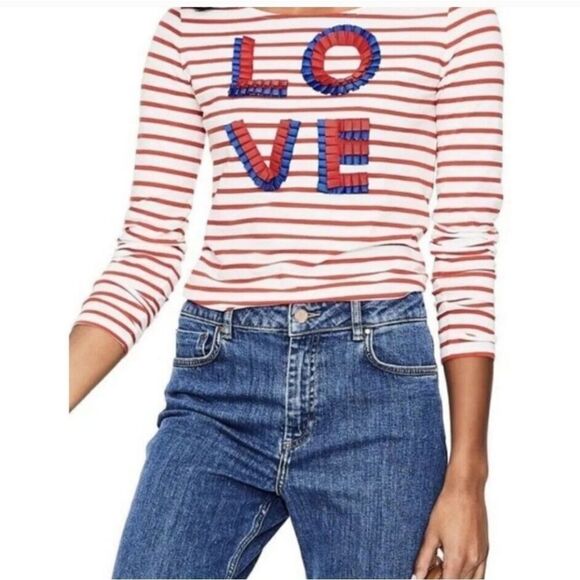 Boden Striped Ribbon Detail Love Long Sleeve Tee Size 10 - Picture 1 of 6
